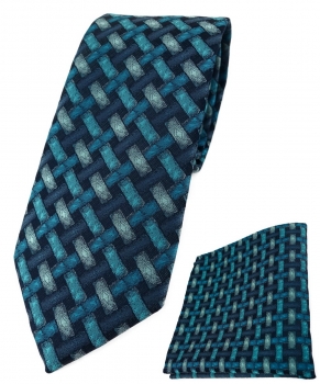 TigerTie Krawatte + Einstecktuch türkisblau marine schwarz - Motiv Flechtmuster