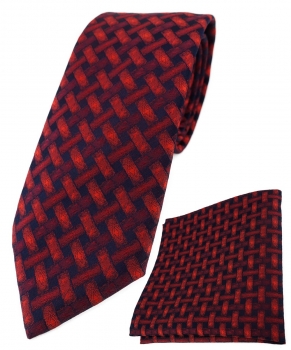 TigerTie Krawatte + Einstecktuch in rot weinrot schwarz - Motiv Flechtmuster