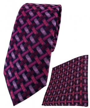 TigerTie Krawatte + Einstecktuch rose rosa weinrot schwarz - Motiv Flechtmuster