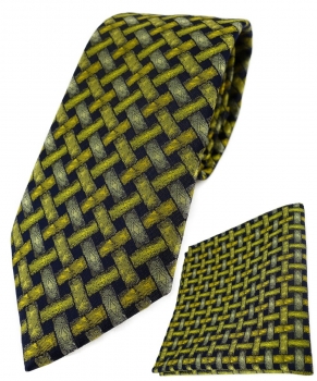 TigerTie Krawatte + Einstecktuch in gelb schwarz - Motiv Flechtmuster