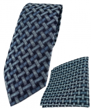 TigerTie Krawatte + Einstecktuch in mint blau schwarz - Motiv Flechtmuster