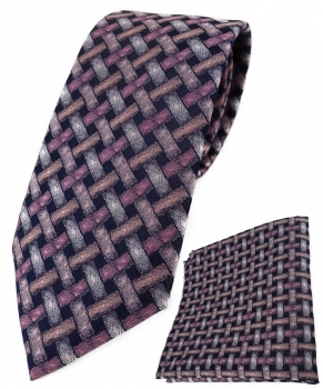 TigerTie Krawatte + Einstecktuch in rosa lachs schwarz - Motiv Flechtmuster
