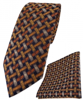 TigerTie Krawatte + Einstecktuch in orange silber schwarz - Motiv Flechtmuster