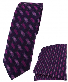 schmale TigerTie Krawatte + Einstecktuch violett schwarz - Motiv Flechtmuster