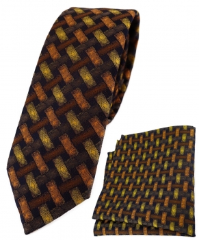 schmale TigerTie Krawatte + Einstecktuch orange gelb braun - Motiv Flechtmuster