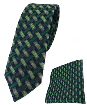 schmale TigerTie Krawatte + Einstecktuch grün schwarz - Motiv Flechtmuster