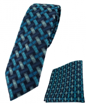 schmale TigerTie Krawatte + Einstecktuch türkisblau schwarz - Motiv Flechtmuster