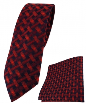 schmale TigerTie Krawatte + Einstecktuch weinrot schwarz - Motiv Flechtmuster