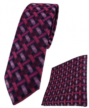schmale TigerTie Krawatte + Einstecktuch rose rosa schwarz - Motiv Flechtmuster