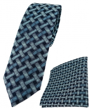 schmale TigerTie Krawatte + Einstecktuch mint blau schwarz - Motiv Flechtmuster