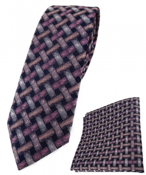 schmale TigerTie Krawatte + Einstecktuch rosa lachs schwarz - Motiv Flechtmuster