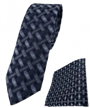 schmale TigerTie Krawatte + Einstecktuch anthrazit schwarz - Motiv Flechtmuster