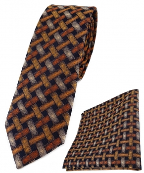 schmale TigerTie Krawatte + Einstecktuch orange silber - Motiv Flechtmuster