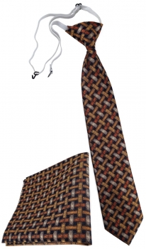 TigerTie Sicherheits Krawatte + Einstecktuch orange schwarz - Motiv Flechtmuster