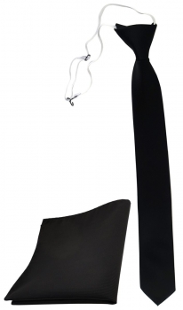 TigerTie Sicherheits Krawatte + Einstecktuch in schwarz einfarbig Uni Rips