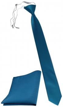 XXL TigerTie Sicherheits Krawatte + Einstecktuch türkis wasserblau Uni Rips