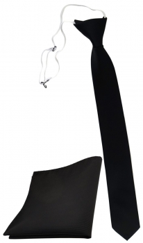 XXL TigerTie Sicherheits Krawatte + Einstecktuch in schwarz einfarbig Uni Rips