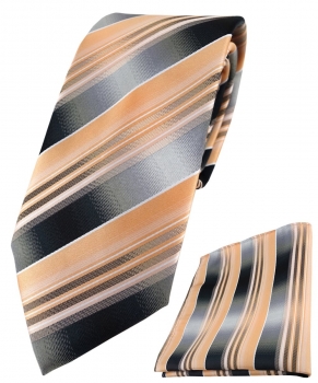 TigerTie Krawatte + Einstecktuch in lachs orange silber anthrazit grau gestreift