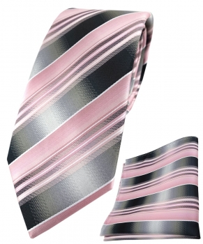 TigerTie Krawatte + Einstecktuch rosa hellrosa silber anthrazit grau gestreift