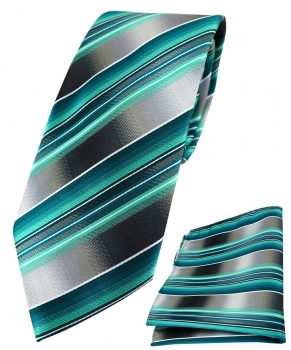 TigerTie Krawatte + Einstecktuch grün dunkelgrün silber anthrazit grau gestreift
