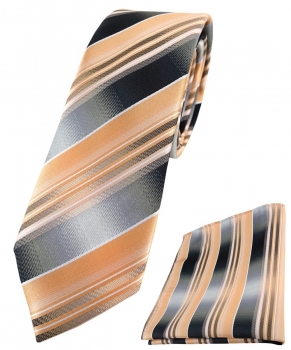 schmale TigerTie Krawatte + Einstecktuch lachs orange silber anthrazit gestreift
