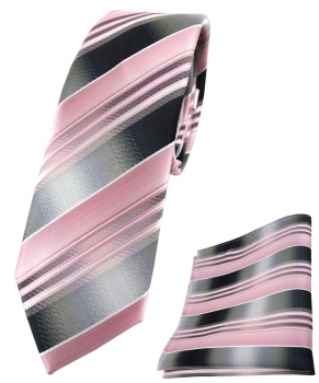 schmale TigerTie Krawatte + Einstecktuch rosa hellrosa silber grau gestreift