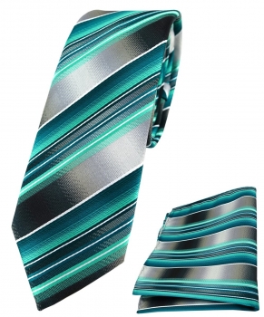 schmale TigerTie Krawatte + Einstecktuch grün dunkelgrün silber grau gestreift