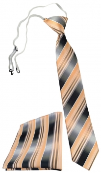 TigerTie Sicherheits Krawatte + Einstecktuch lachs orange silber grau gestreift
