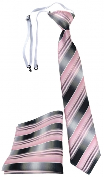 TigerTie Sicherheits Krawatte + Einstecktuch rosa hellrosa silber grau gestreift