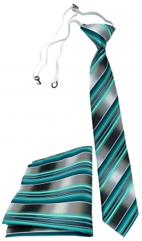 TigerTie Sicherheits Krawatte + Einstecktuch grün dunkelgrün grau gestreift
