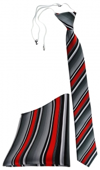 TigerTie Sicherheits Krawatte + Einstecktuch in rot silber grau weiss gestreift