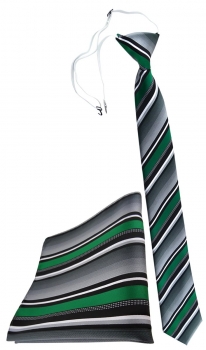TigerTie Sicherheits Krawatte + Einstecktuch in grün silber grau weiss gestreift