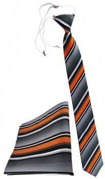 TigerTie Sicherheits Krawatte + Einstecktuch orange silber grau weiss gestreift
