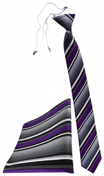 TigerTie Sicherheits Krawatte + Einstecktuch in lila silber grau weiss gestreift