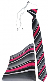 TigerTie Sicherheits Krawatte + Einstecktuch in pink silber grau weiss gestreift