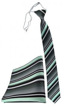 TigerTie Sicherheits Krawatte + Einstecktuch in mint silber grau weiss gestreift