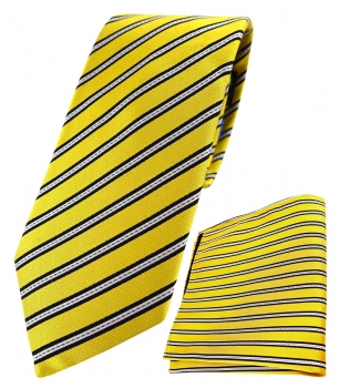 TigerTie - hochwertig konfektionierte Seidenkrawatte + Seideneinstecktuch in gelb gelbgold schwarz silber gestreift