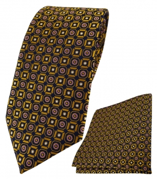 TigerTie Krawatte + Einstecktuch in gold rosa silber schwarz gemustert