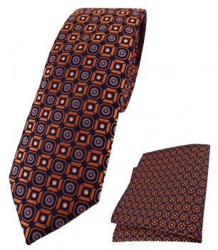 schmale TigerTie Krawatte + Einstecktuch orange blau  silber schwarz gemustert