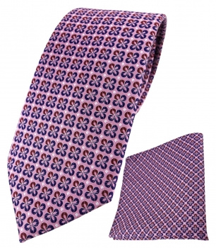 TigerTie Krawatte + Einstecktuch in rosa rot silber marine gemustert