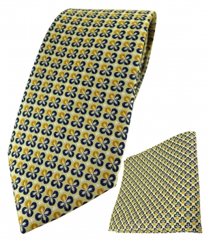 TigerTie Krawatte + Einstecktuch in gelbgold silber marine gemustert
