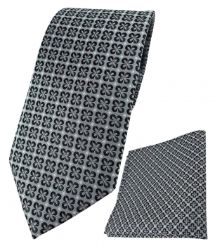 TigerTie Krawatte + Einstecktuch in anthrazit silber schwarz gemustert