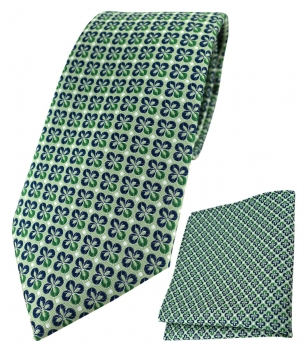 TigerTie Designer Krawatte + Einstecktuch in grün silber marine gemustert