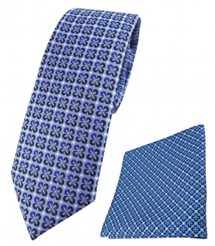 schmale TigerTie Krawatte + Einstecktuch in blau silber schwarz gemustert