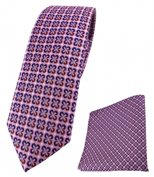 schmale TigerTie Krawatte + Einstecktuch in rosa rot silber marine gemustert