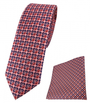 schmale TigerTie Krawatte + Einstecktuch in rot silber marine gemustert
