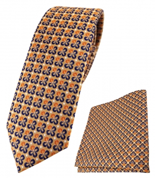 schmale TigerTie Krawatte + Einstecktuch in orange silber marine gemustert