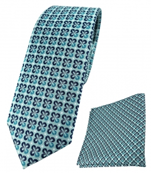 schmale TigerTie Krawatte + Einstecktuch in türkis mint silber marine gemustert