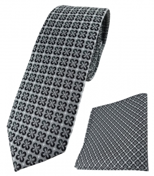 schmale TigerTie Krawatte + Einstecktuch in anthrazit silber schwarz gemustert