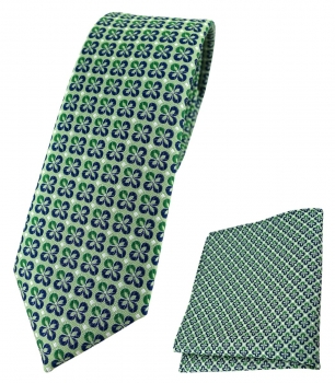 schmale TigerTie Krawatte + Einstecktuch in grün silber marine gemustert